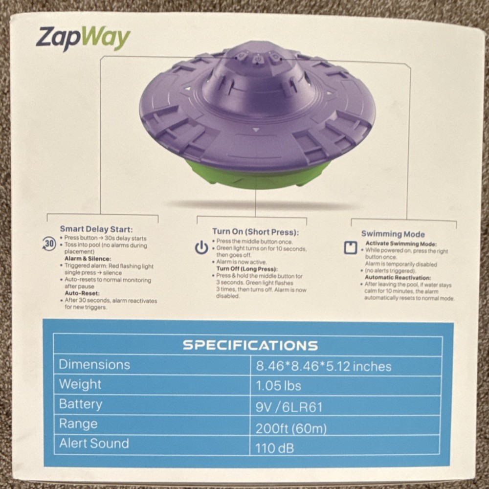ZapWay Pool Alarm System 110dB Wireless 200ft Range Home Unit Auto-Reset