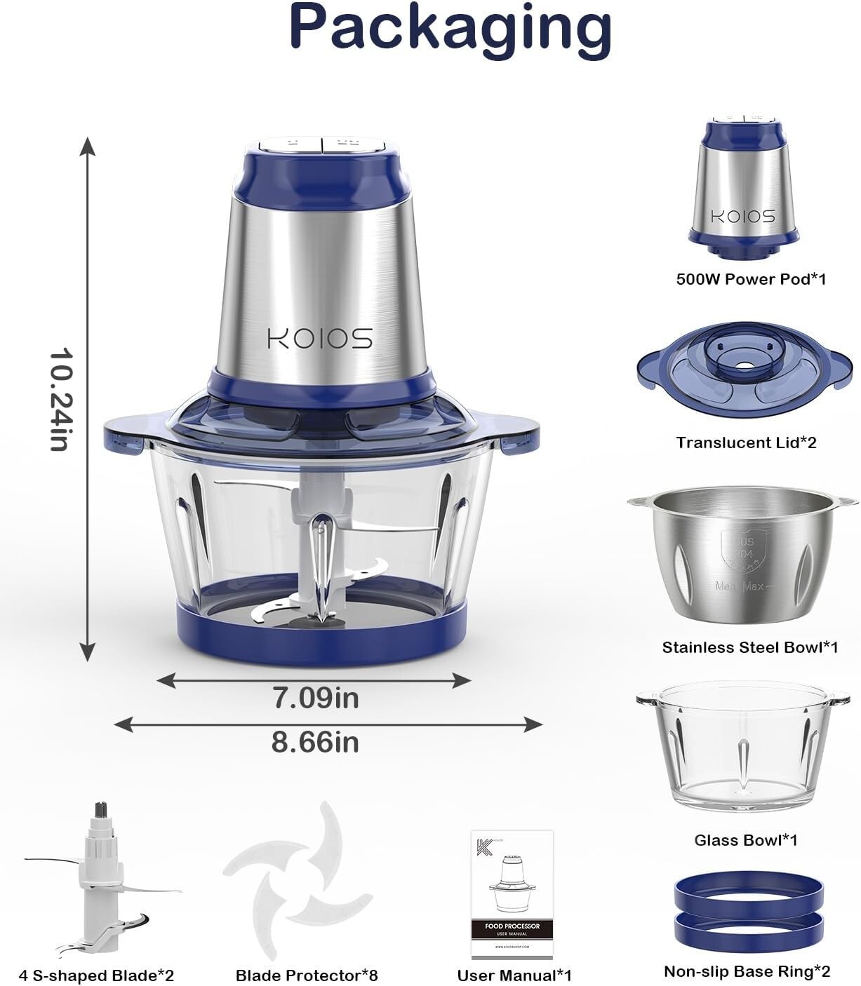 KOIOS 500W Powerful Electric Food Processor Kitchen Food Chopper Blender 8 Cups