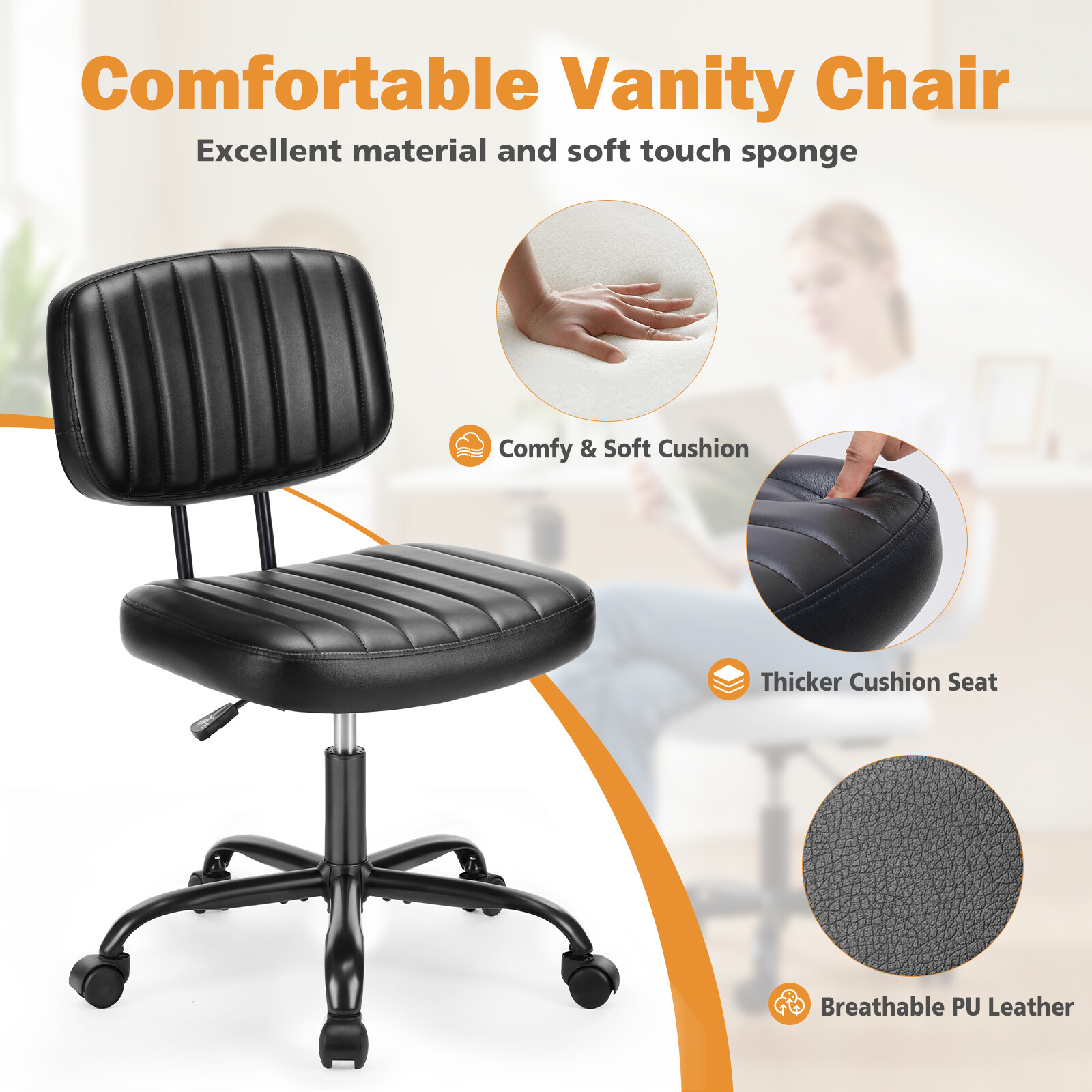 Armless Office Desk Chair with PU Leather Swivel Chair Small Chair with Wheels