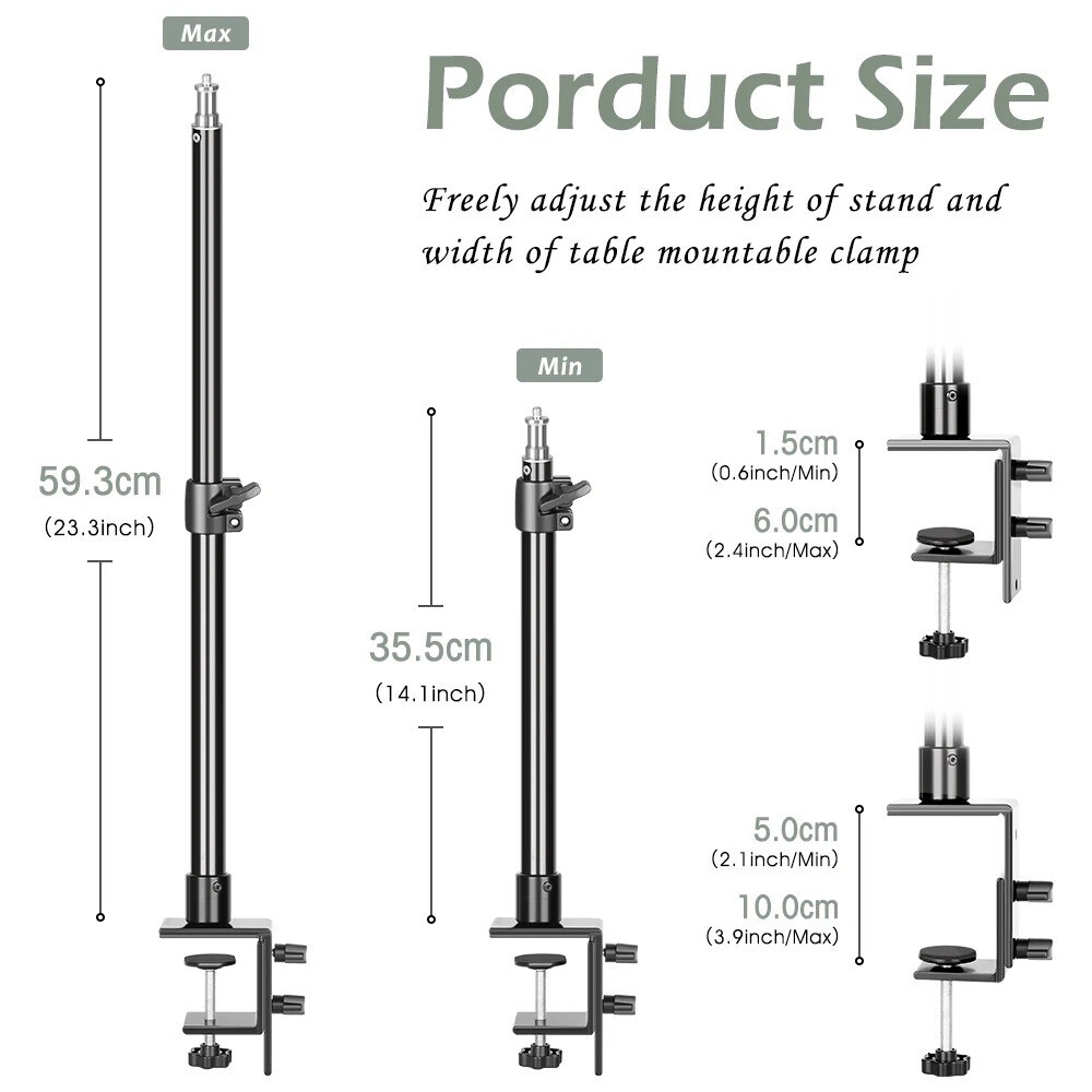 Table Desk Mount Stand Light Tripod with 1/4'' Ball Head for Camera Ring Light