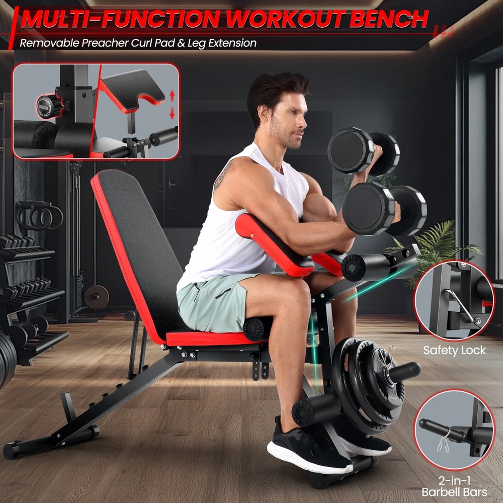 Adjustable Foldable Exercise Weight Bench Workout Bench w/Leg Extension and Curl