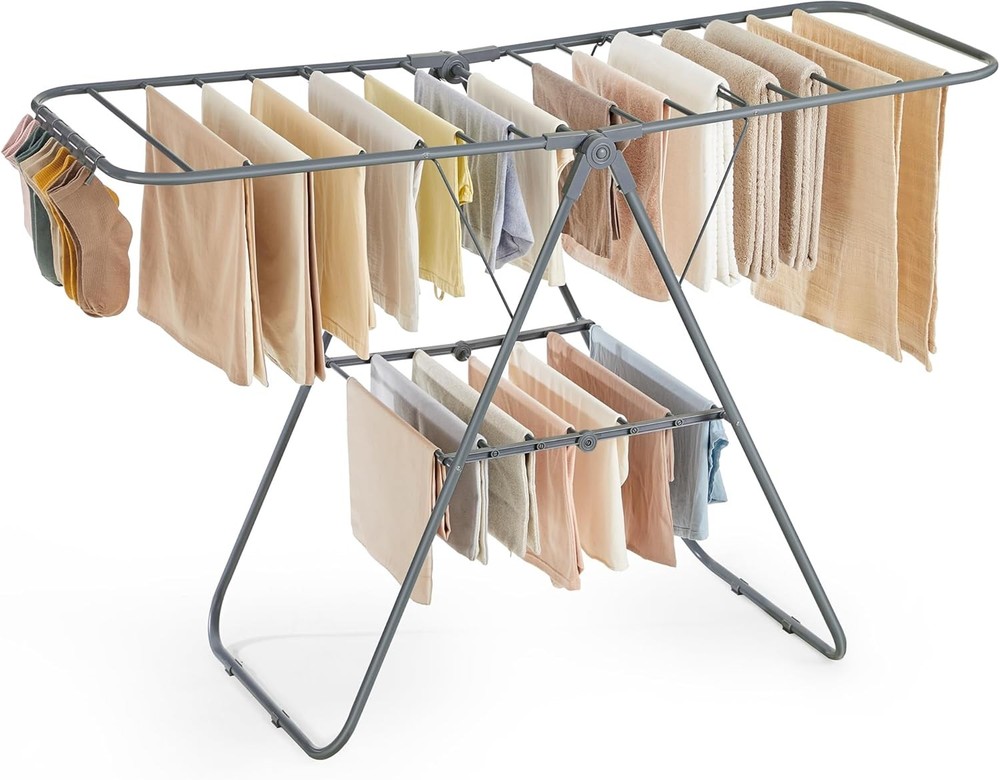 Clothes Drying Rack W/ Sock Clips Metal Laundry Rack Foldable Space-Saving