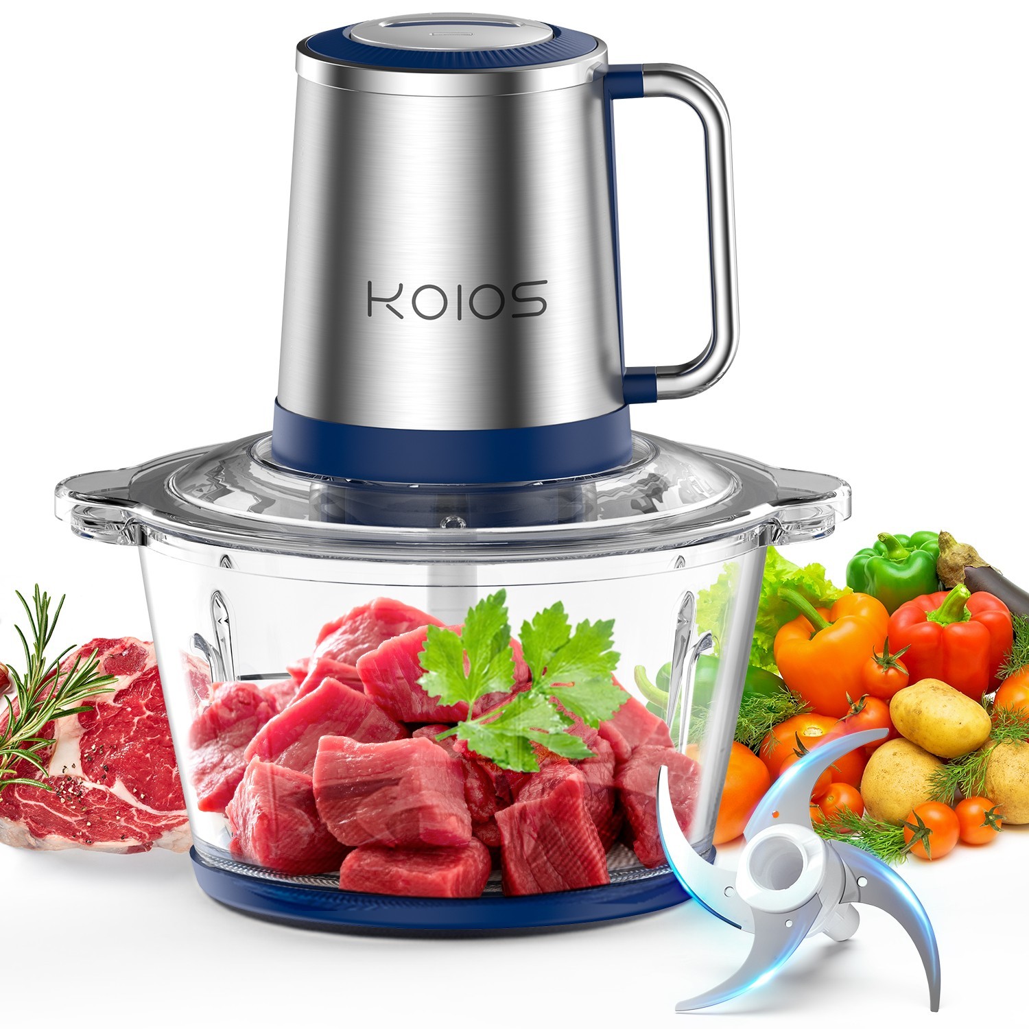 KOIOS Electric Food Processors Chopper w/8 Cup Glass Bowl Stainless Steel Blade