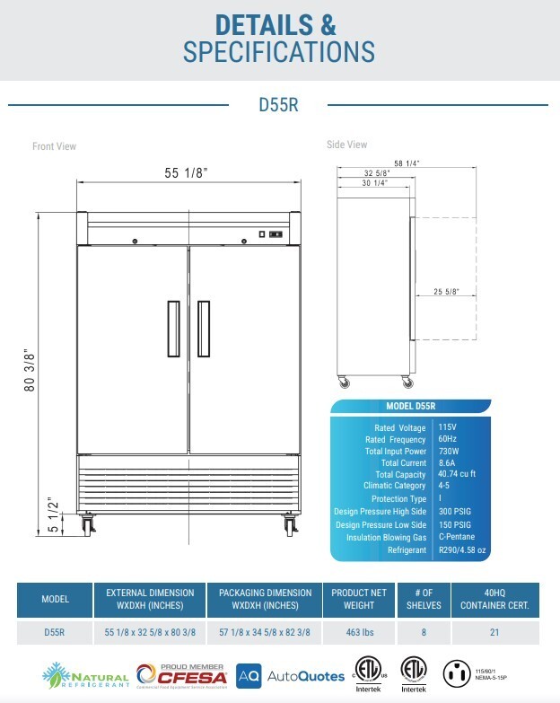 DUKERS D55R, Bottom Mount 2-Door REFRIGERATOR