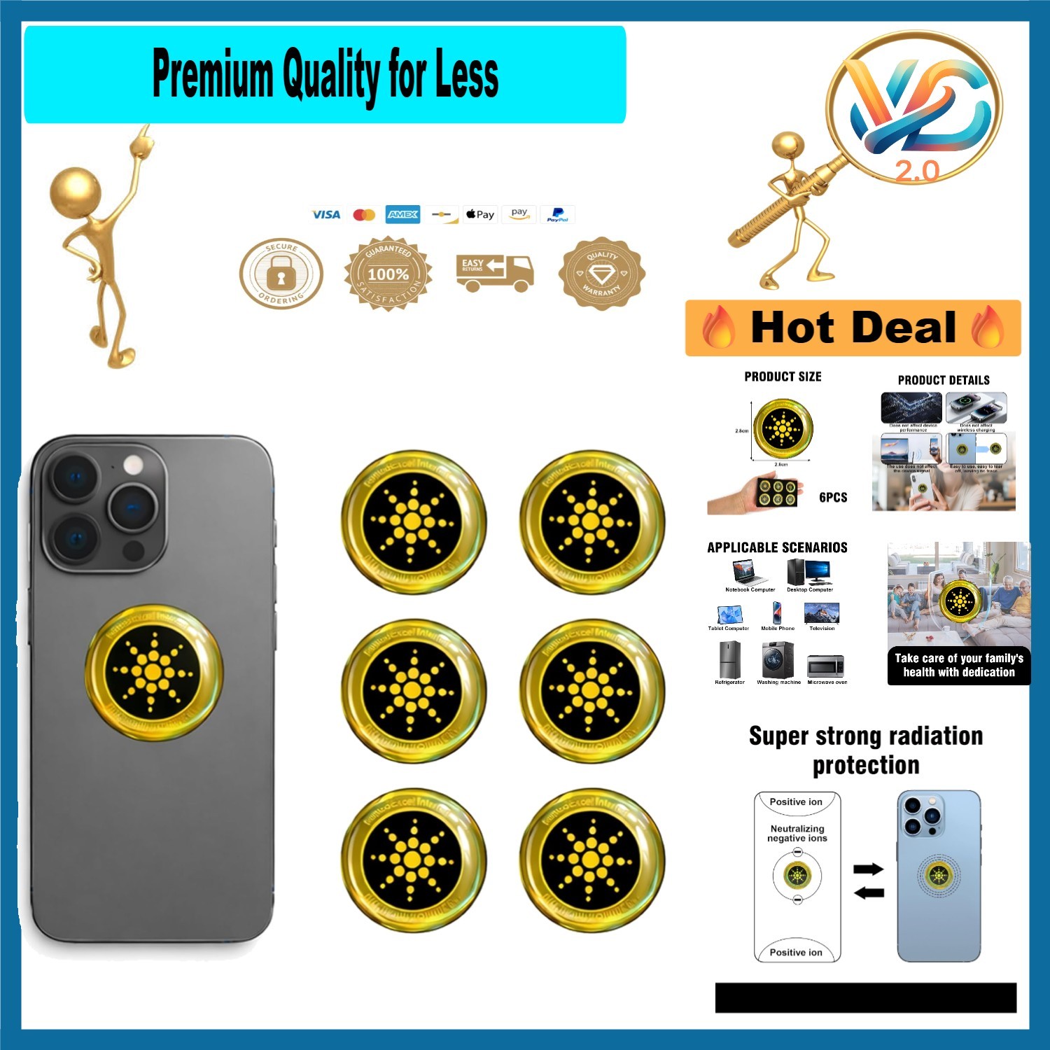 EMF Blocker 6 Pack Stickers for Cell Phones, Laptops, Tablets – Reusable, Pee...