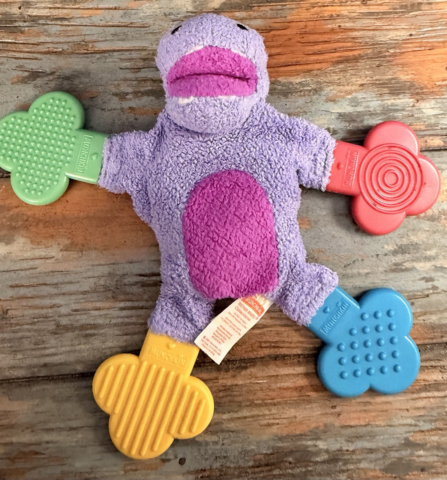 Munchkin Teether Baby plush purple hippo rattle colorful hands feet 2001
