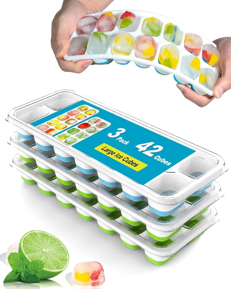 3 Pack Ice Cube Trays with Lids, Flexible Silicone Bottom for Easy Release, Stac