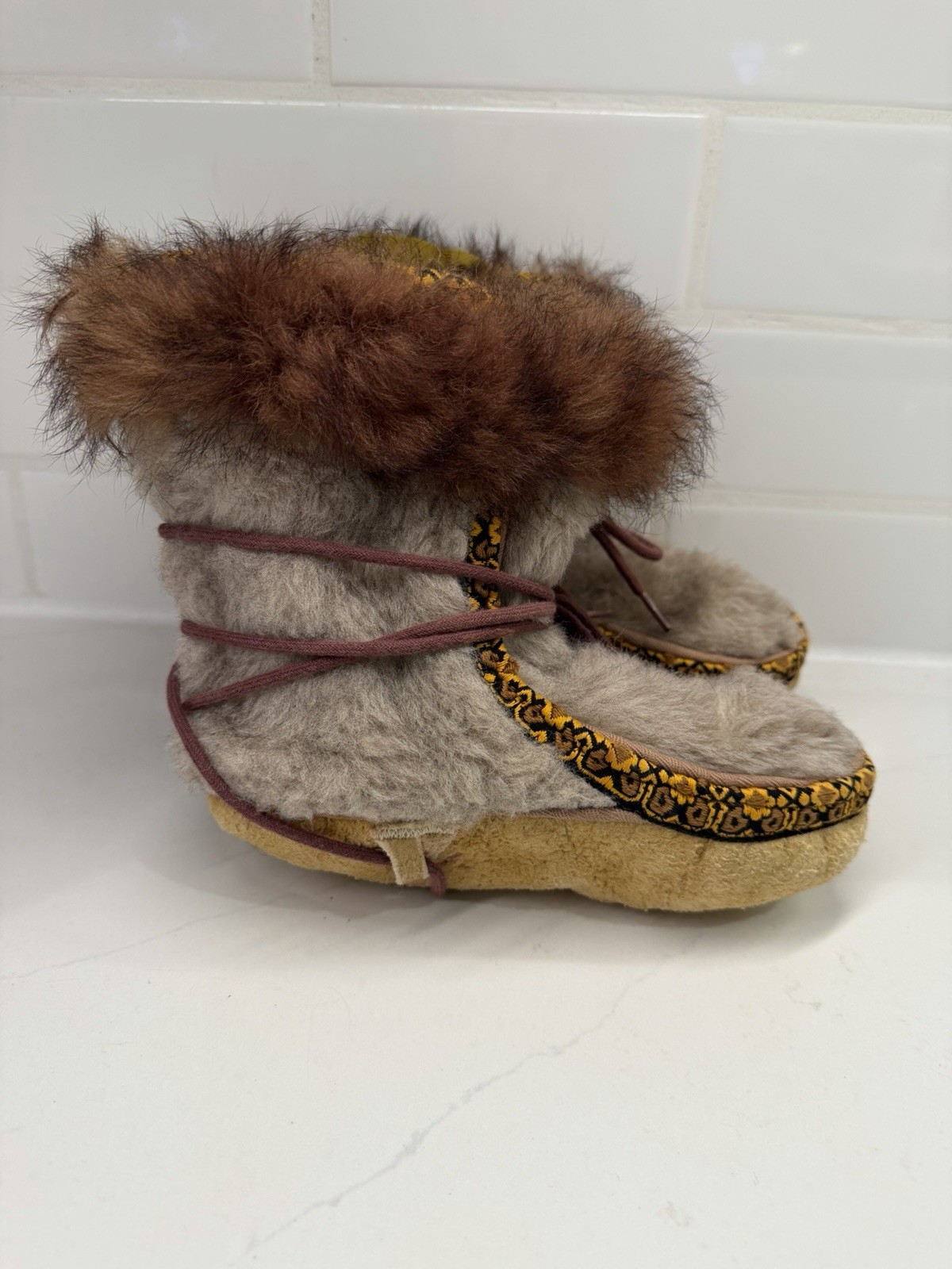Vintage Alaska Inuit Child Fur Mukluk Boots Handmade Suede Sole Native Arctic