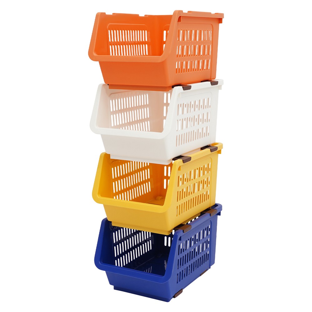 4 PCS Stacking Storage Baskets, Multi-tiered Plastic Stackable Organizer Bins