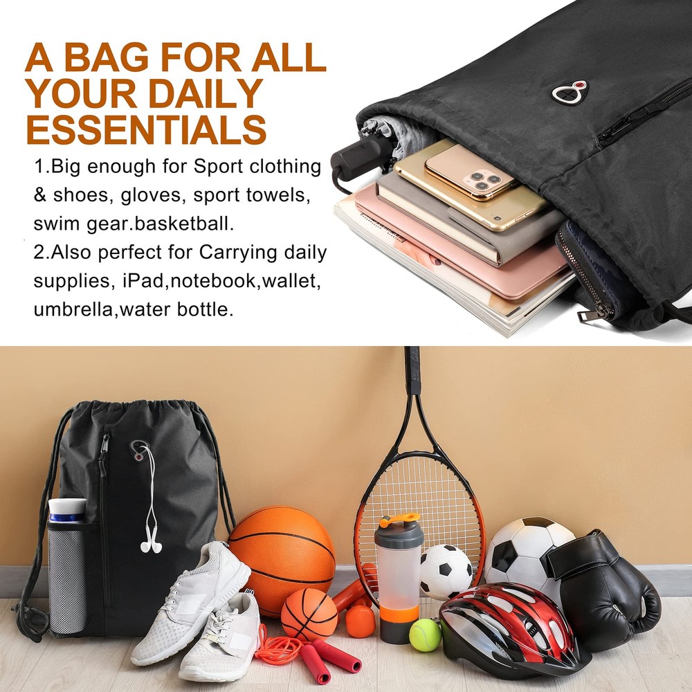 BeeGreen Black Drawstring Backpack Gym Bag For Men Women String Large,