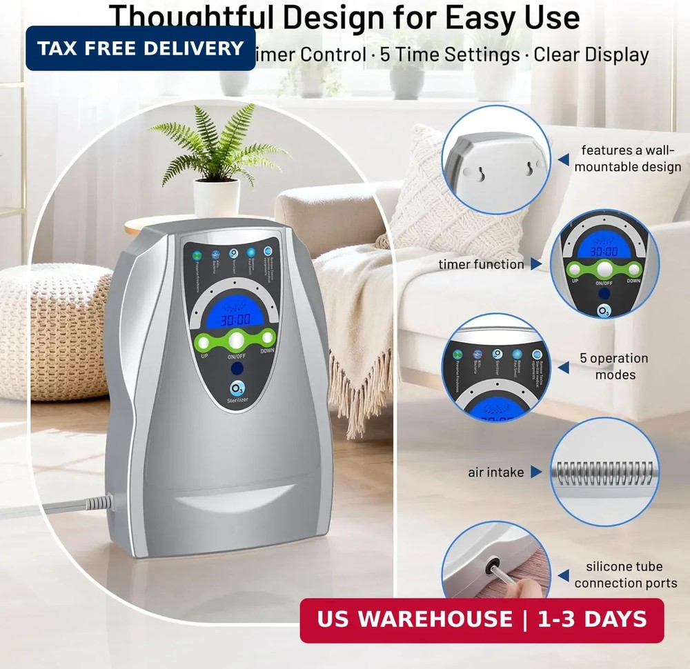 Ozone Machine Generator, Multifunctional with Timer, 500mg/h Portable Ozone Mach