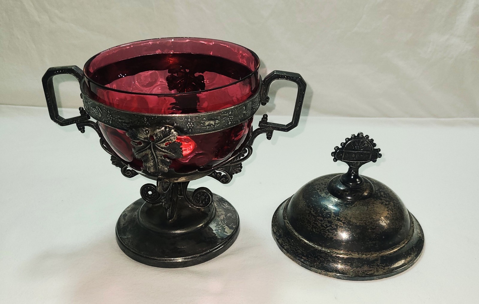 Antique Webster Silverplate Cranberry Thumbprint Glass Candy Dish Lid Victorian