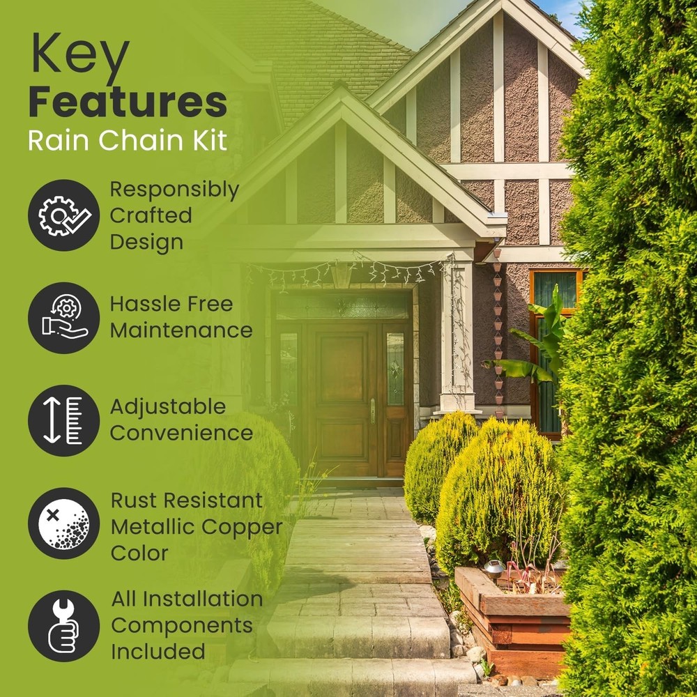 Rain Chain Kit w/Adapter & Extension | Copper Rain Chains for Gutters 10 ft | Ra