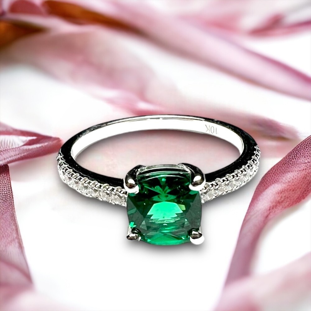 Lab Made Emerald Ring Solid 10K White Gold,, May Gem 20th Anniversary Size 6 1/2