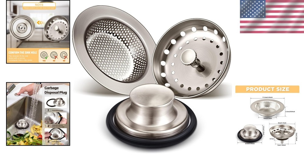 Rustproof Brushed Silver Kitchen Sink Drain Strainer and Stopper Set - 3 Pieces