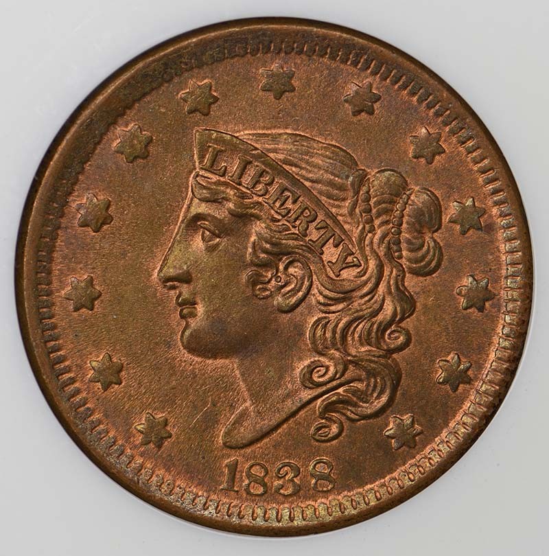 1838 Coronet Cent 1C NGC MS64RD
