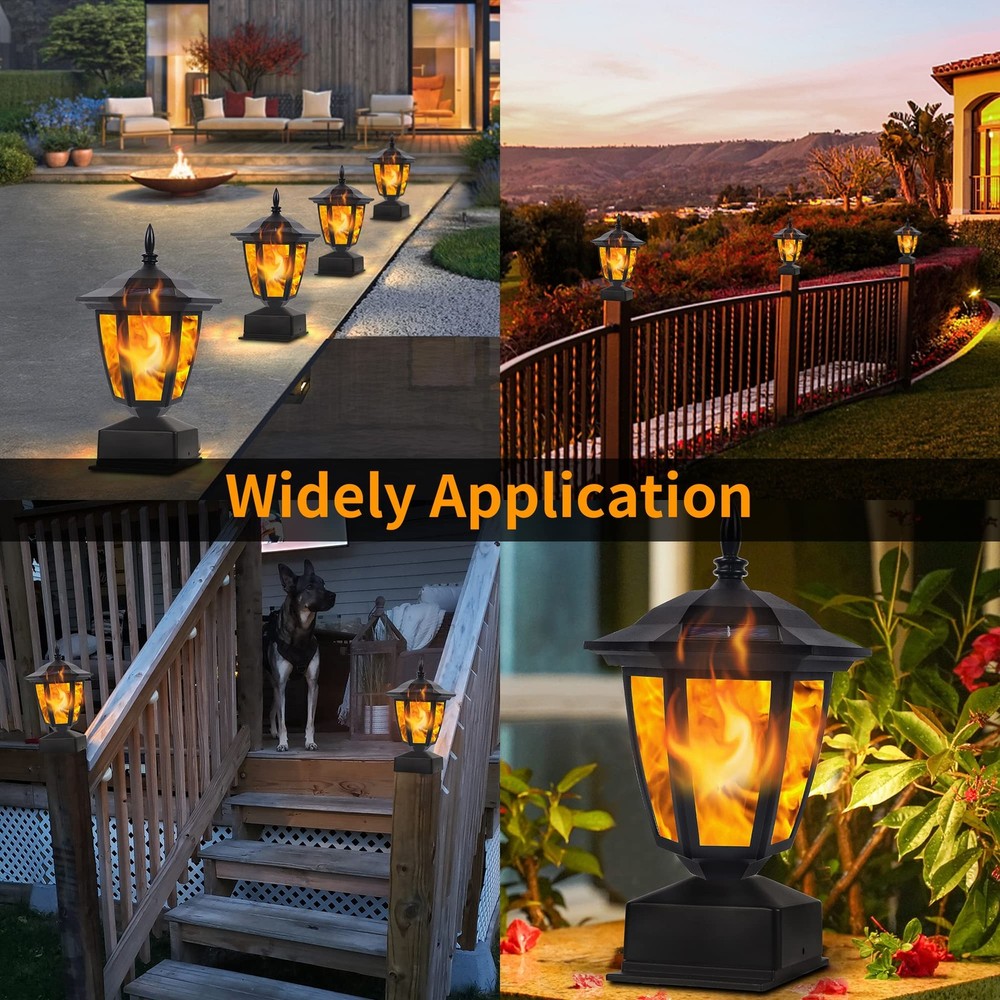 Dynaming Solar Flame Post Lights Outdoor, Powered Lamps 2 Pack, Black