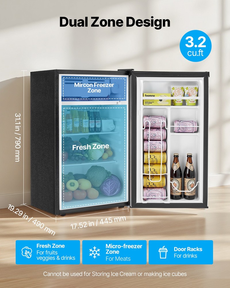 VEVOR Mini Fridge 3.2 Cu.Ft Single Door Compact Small Refrigerator Stainless