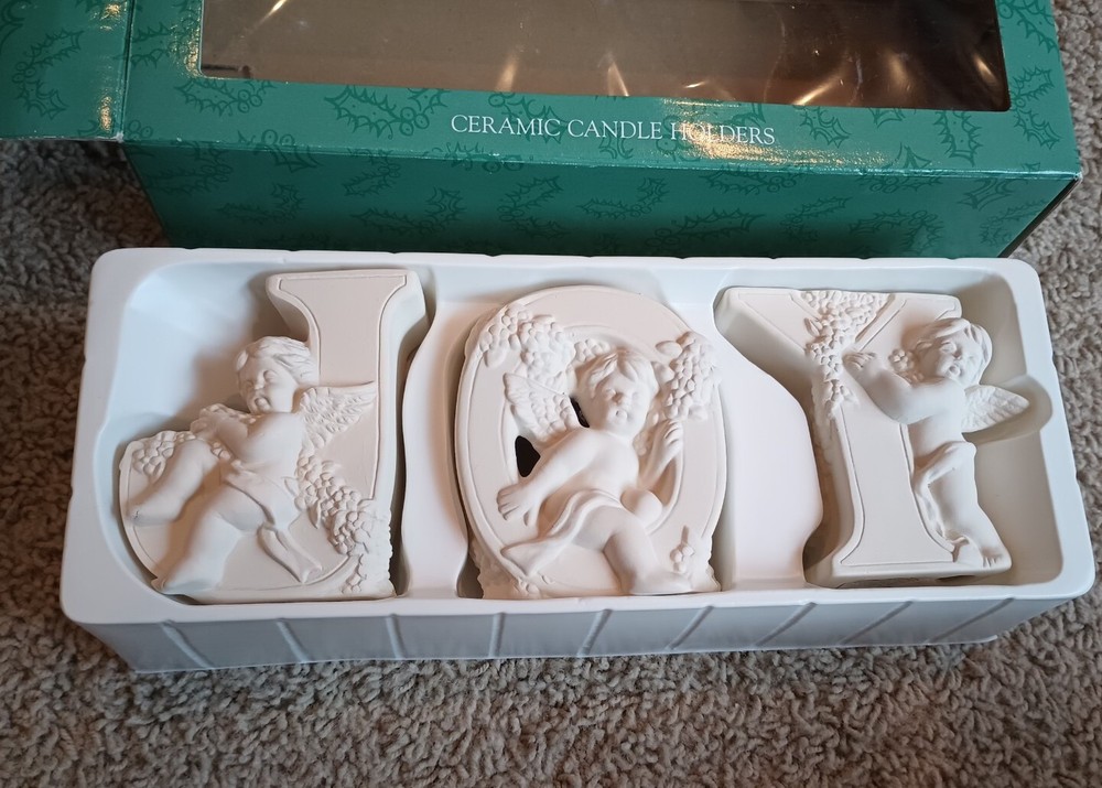 JOY and cherubs Ceramic Candle Holders NIB
