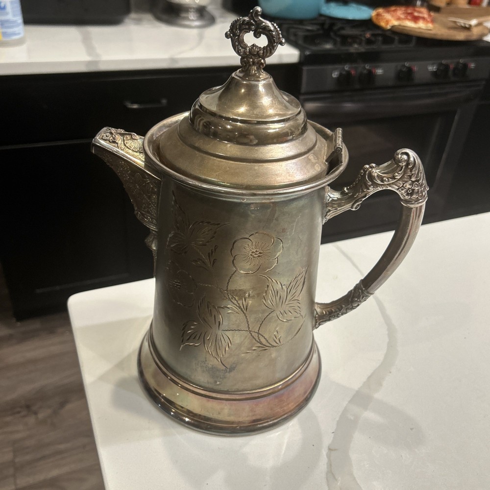 Vintage William Rogers Silver Plate Pitcher Floral Etched Teapot WR Hallmarked