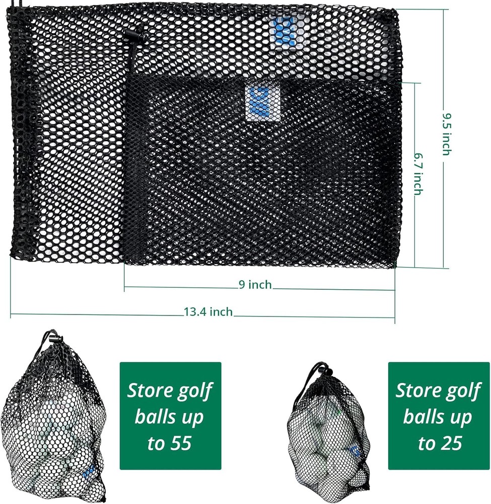 Mesh Bags with Drawstring - 2 Pack Nylon Golf Ball Storage S,L, Black
