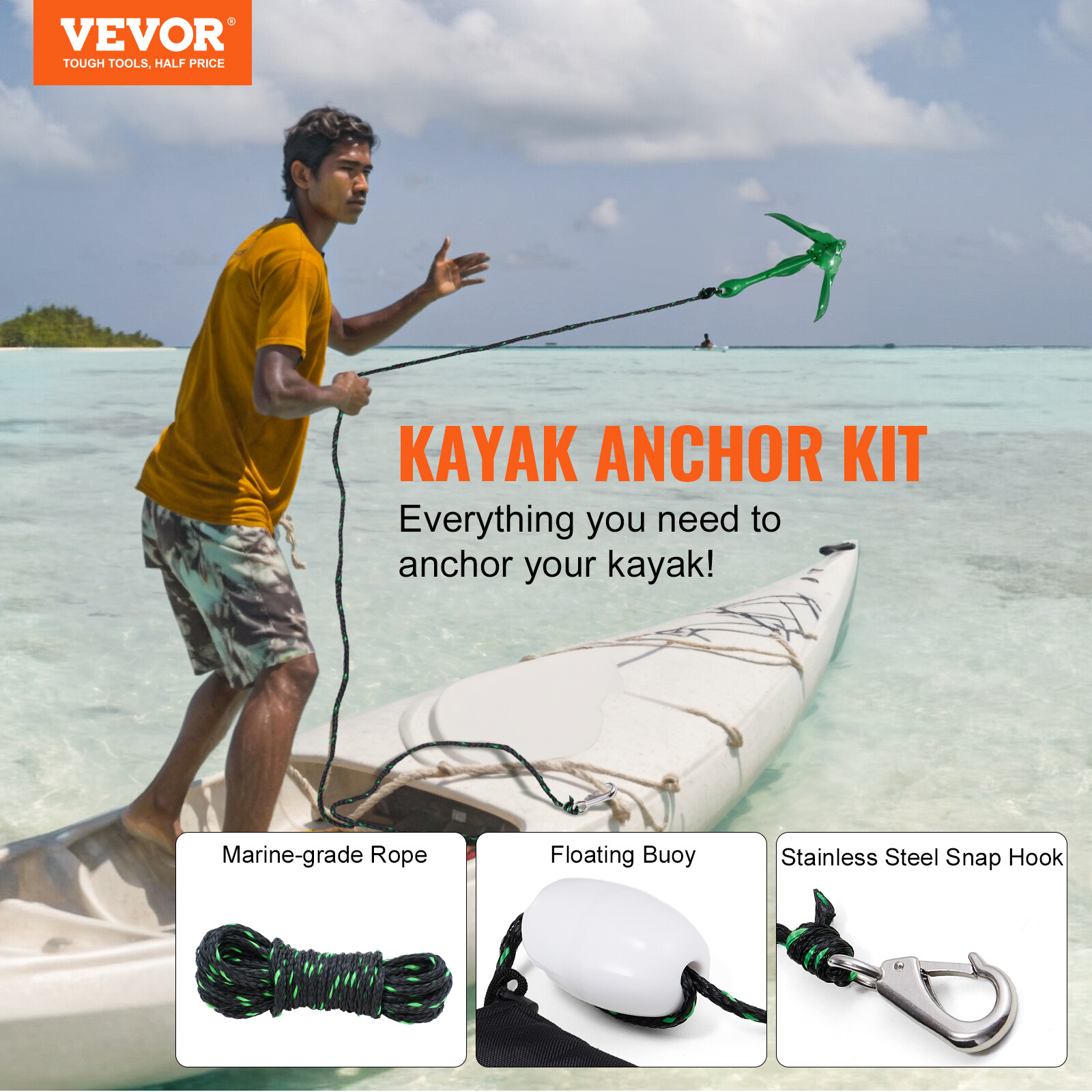 VEVOR Kayak Anchor Kit 3.5 lb Paddle Board Anchor Kit with 26.2 ft Rope and Buoy