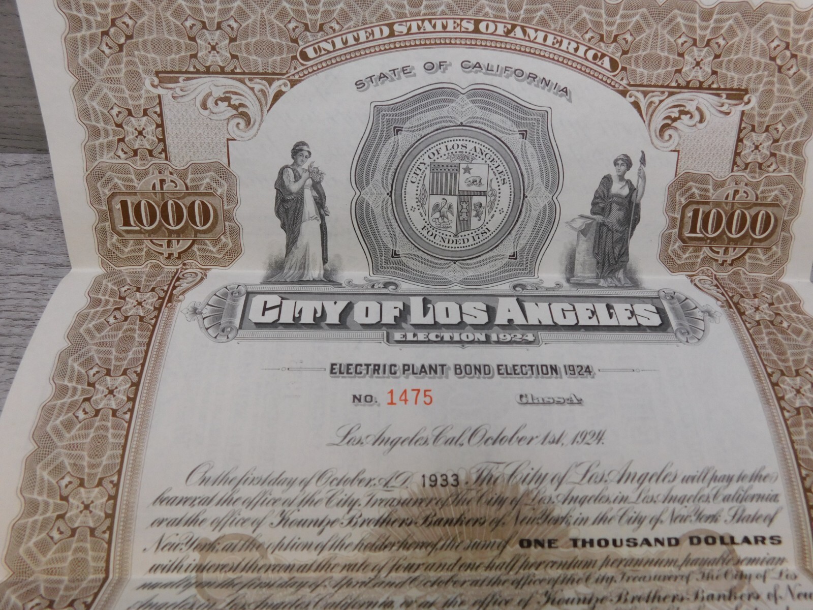 Vintage 1924 California City of Los Angeles Electric Plant Bond Election No 1475