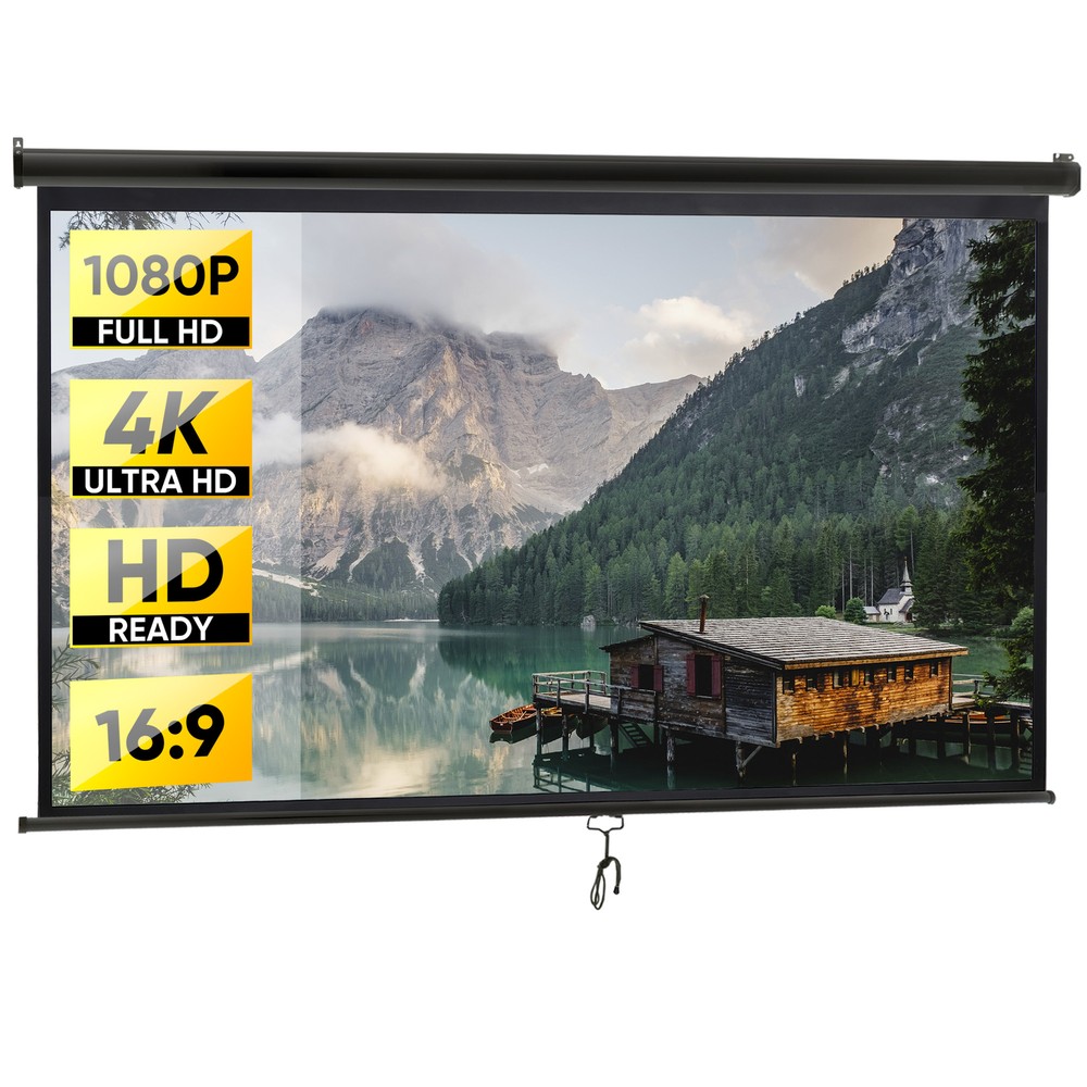 100" Projector Screen Pull Down Manual 16:9 HD Ceiling Wall Mount Black Portable