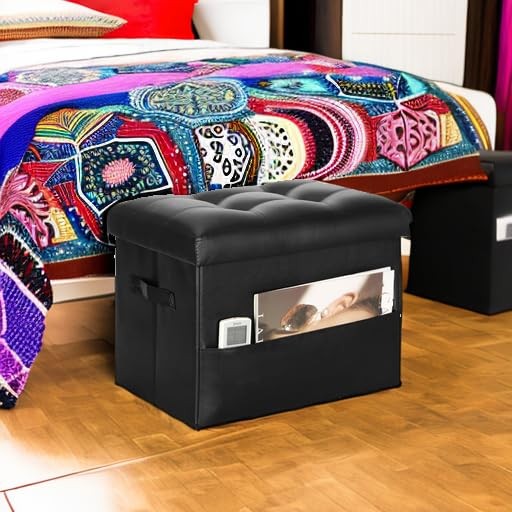 Storage Ottoman Foot Rest Stool with Thicker Foam Padded Seat. Foldable Leath...