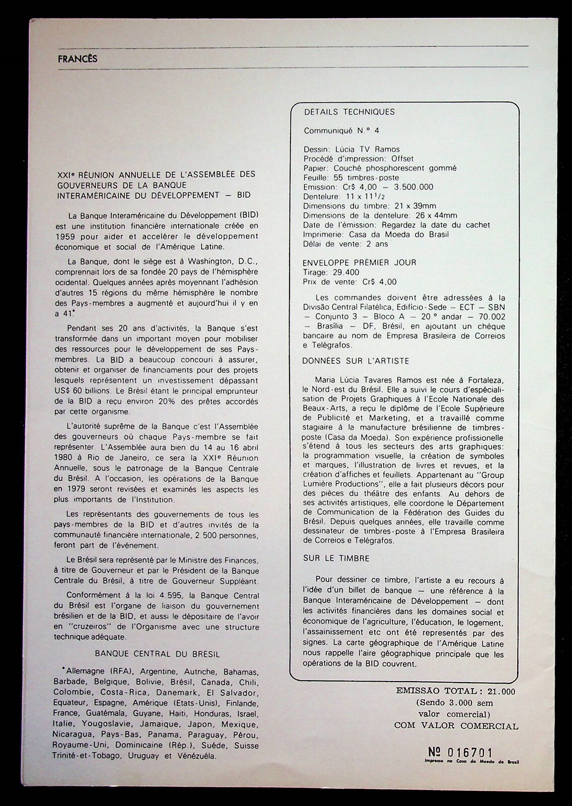 Inter-American Bank Of Development Brazil 1980 Block of 4 Stamps On Folder