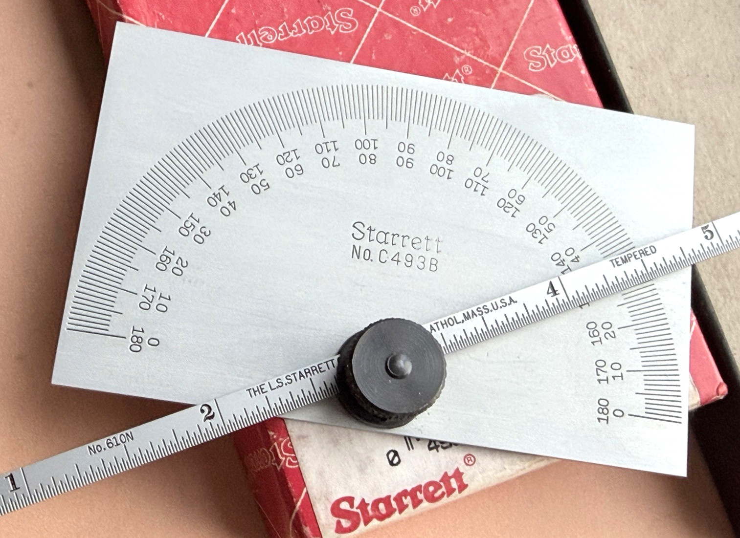 STARRETT No. C493B Satin Chrome Finish Steel Protractor/Depth Gage. USA Made!