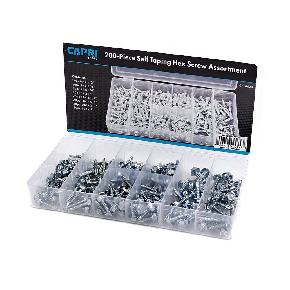 Capri Tools 10024 Hex Self Tapping Screw Assortment, 200-Piece, Silver, Model...