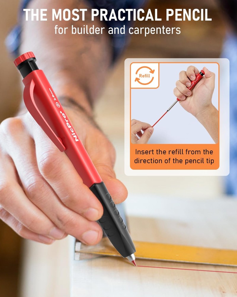 Nicpro 2 Pack Carpenter Pencil Set with Sharpener & Finger 2 PACK, Black, Red