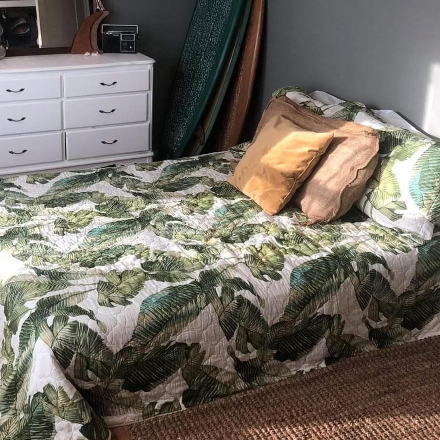 King Quilt Set Green Coastal Botanical Tropical Floral Bahama Exotic Leaves 3Pc