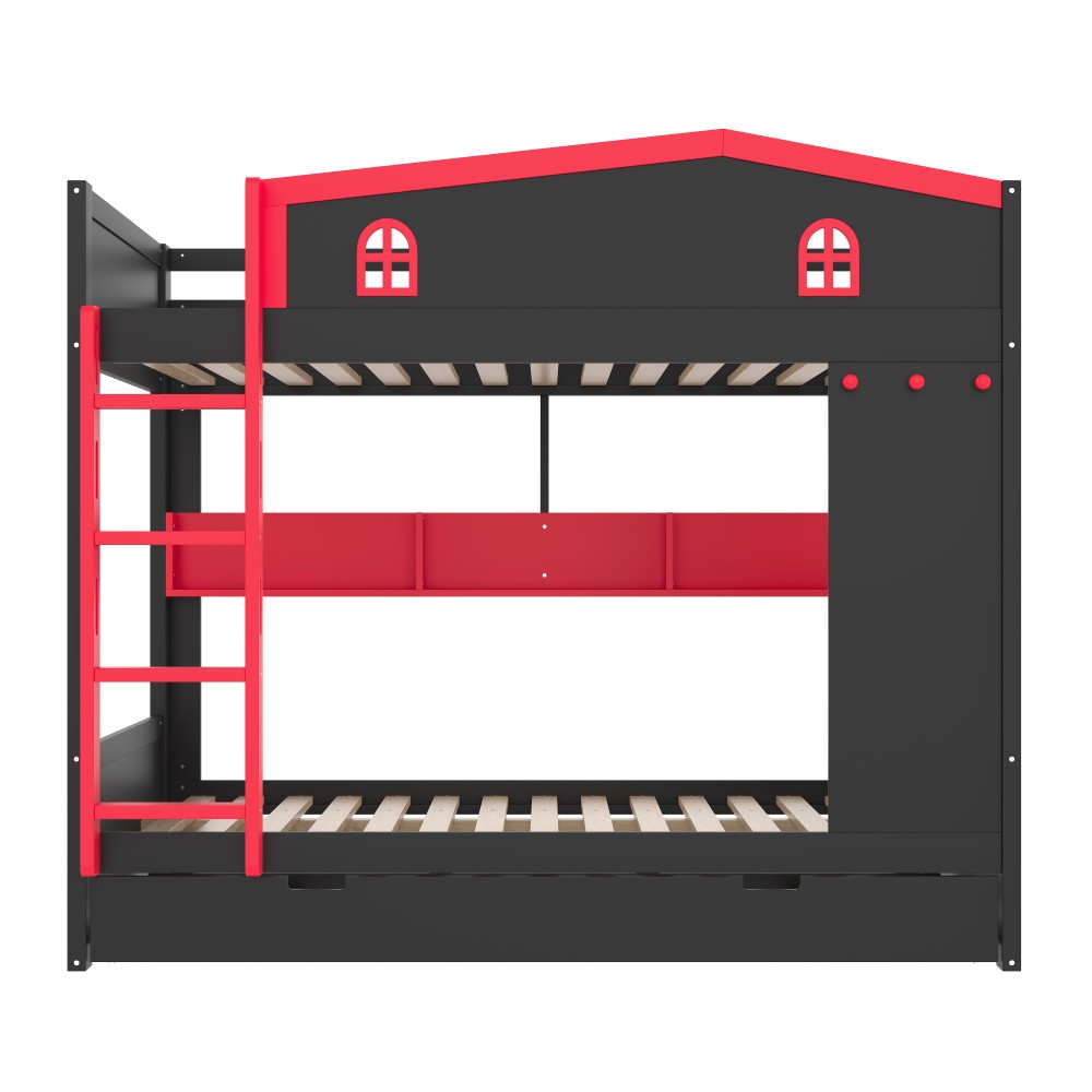Queen Over Queen Bunk Bed w/ Trundle & Storage, Solid Wood Frame, Black/Red