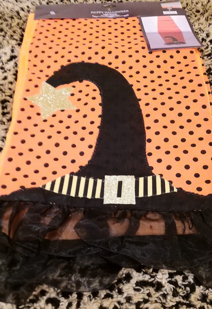 Happy Halloween Table Runner Witch Hat Design (Black and Orange)