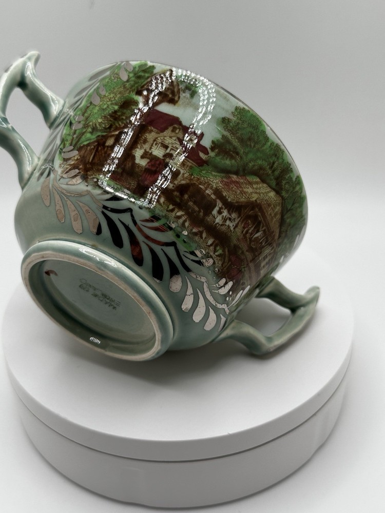 Rare Silver Overlay Pastoral Scene Poly Brown Transferware Cup