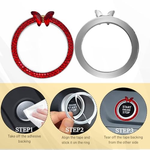 2PCS Bling Car Engine Start Stop Decoration Ring, Push to Start Button Red+Red