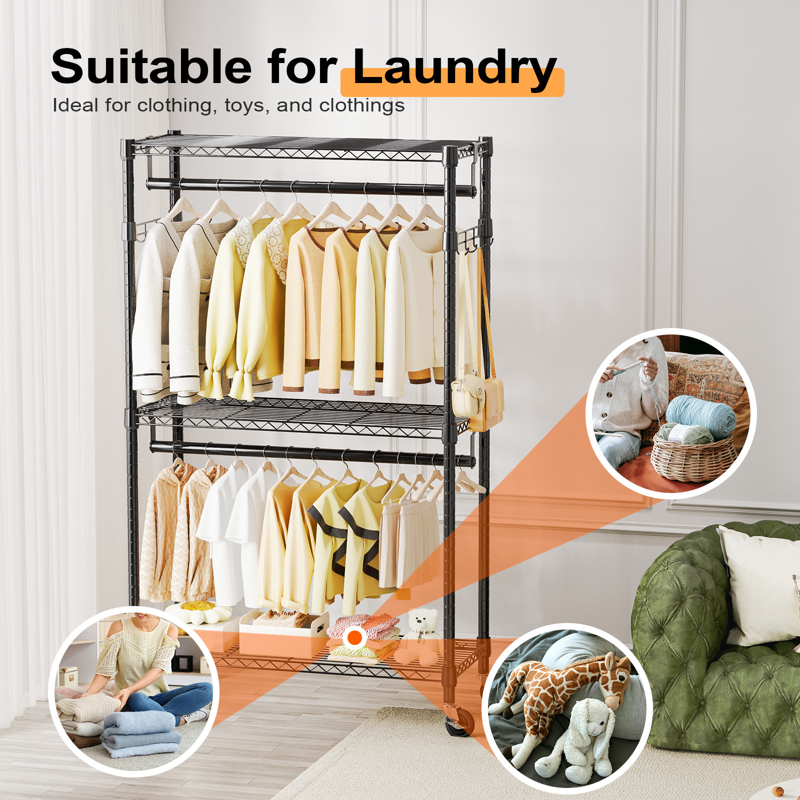 75 in Garment Rack Storage Closet Clothing on Wheels Hanging Clothes Heavy Duty