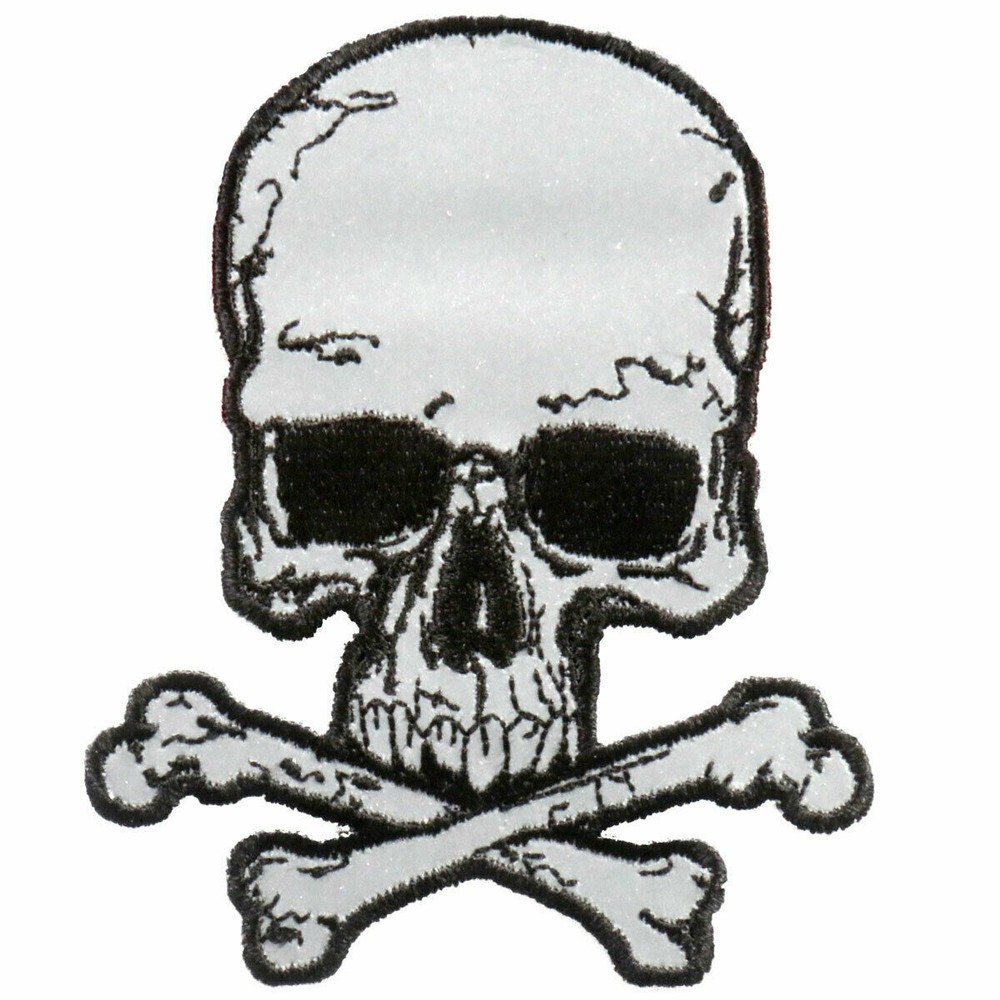 SKULL AND CROSS BONES 4" x 3'' REFLECTIVE MOTORCYCLE BIKER EMBROIDERED PATCH
