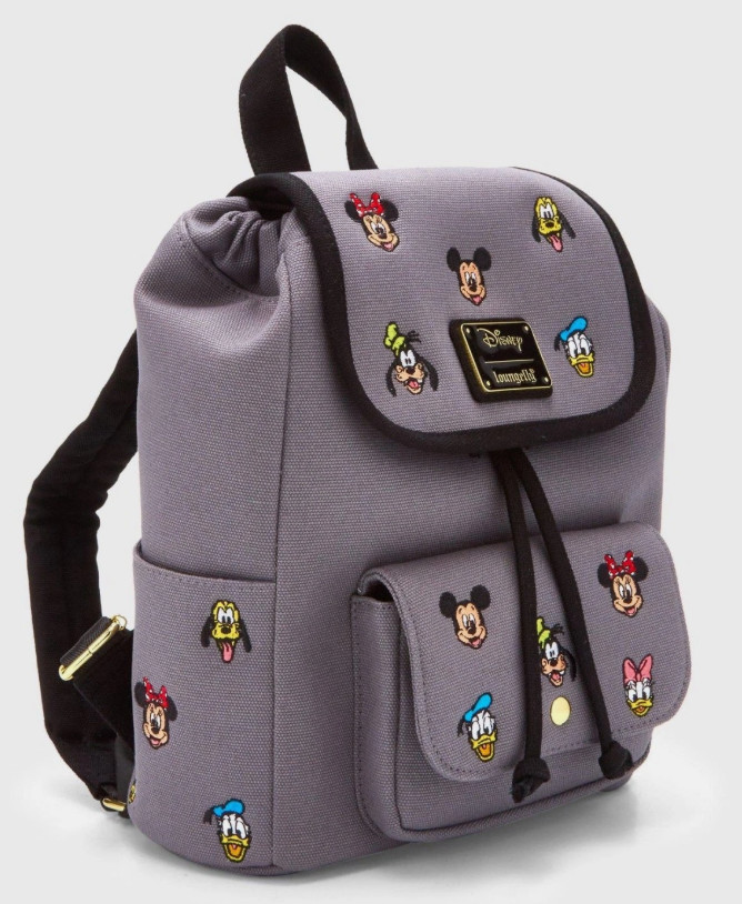 Loungefly Mini Backpack MICKEY FRIENDS Embroidered Gray Canvas Disney Flap