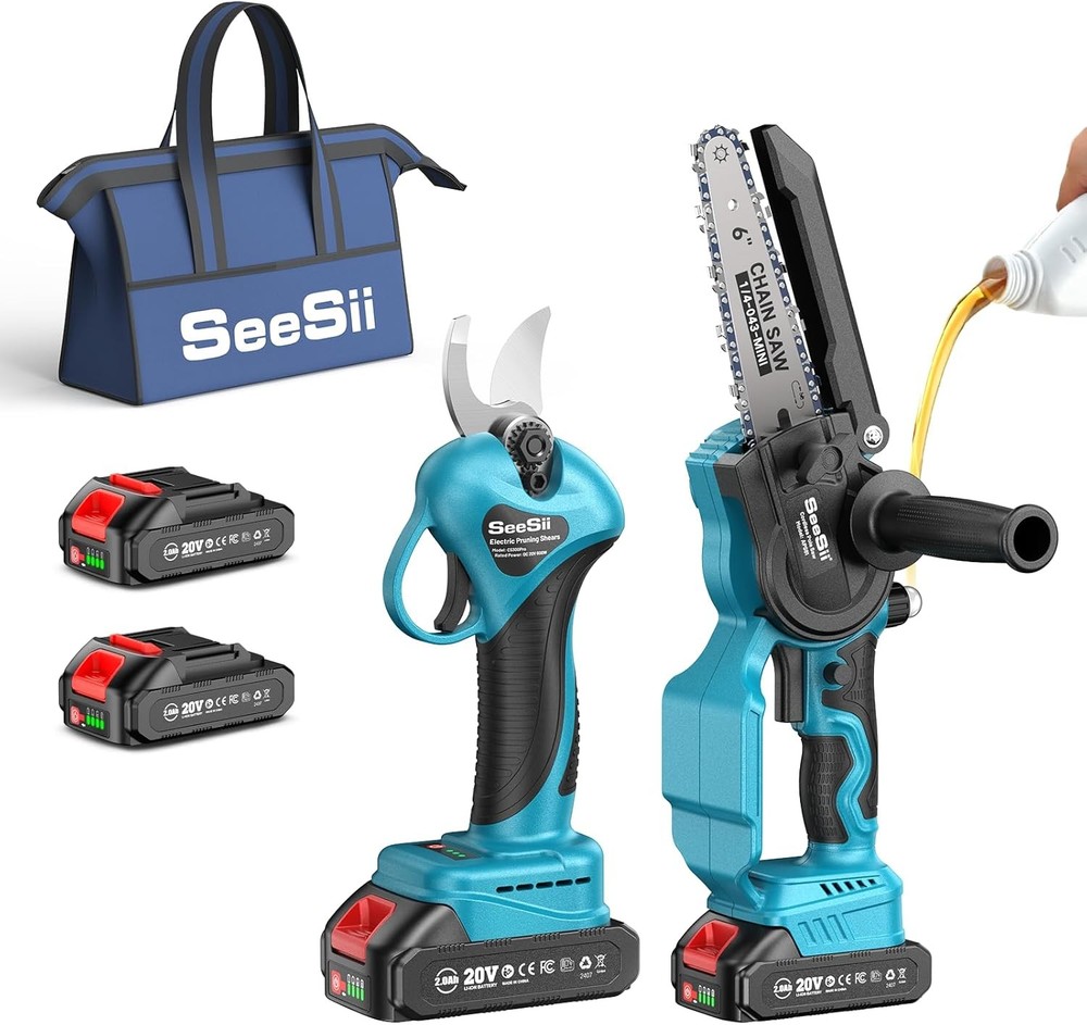 SEESII Cordless Mini Chainsaw Pruning Shears Combo kit 6" Electric Saw Brushless