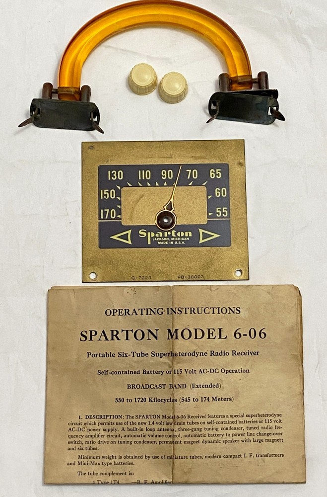 Sparton Model 6-06 Radio Parts – Lucite Handle, Knobs, Dial Face & Pointer +