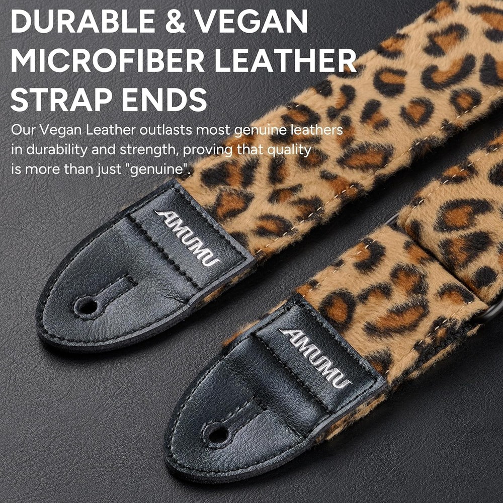 Leopard Flocked Velvet Guitar Strap with Microfiber Leather Ends