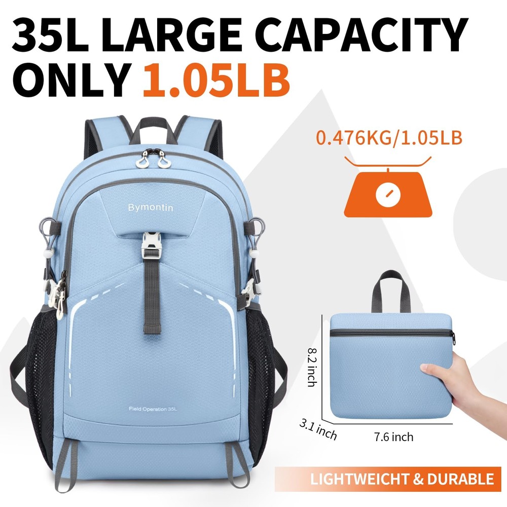 35L Sky-Blue Packable Backpack, Lightweight, Foldable Daypack, Travel, Hike