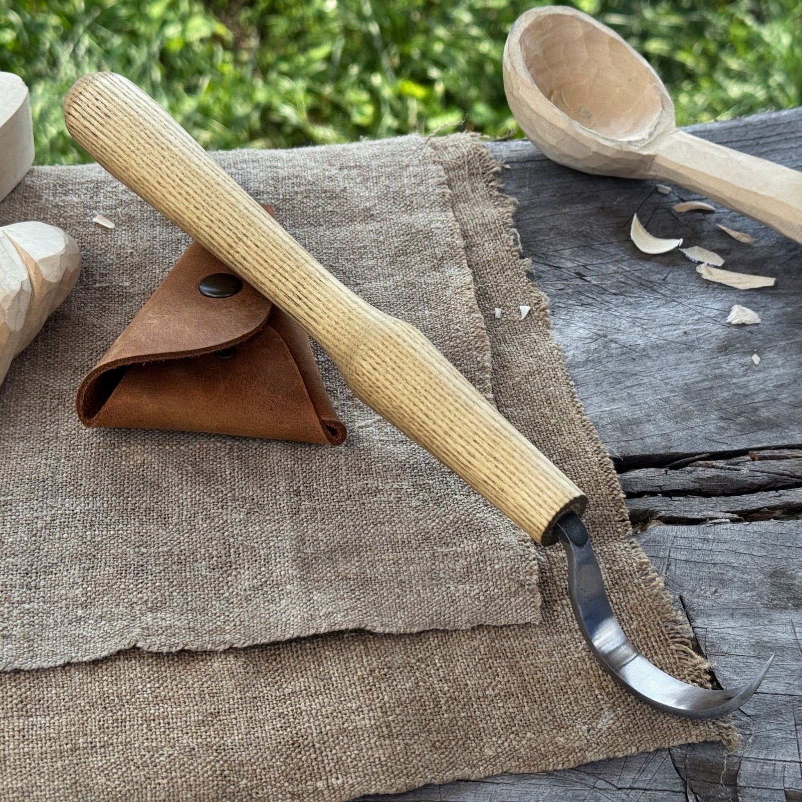 Long Hook Carving Knife 2.36'' Blade For Bowls Spoons Carbon Steel Ash Handle