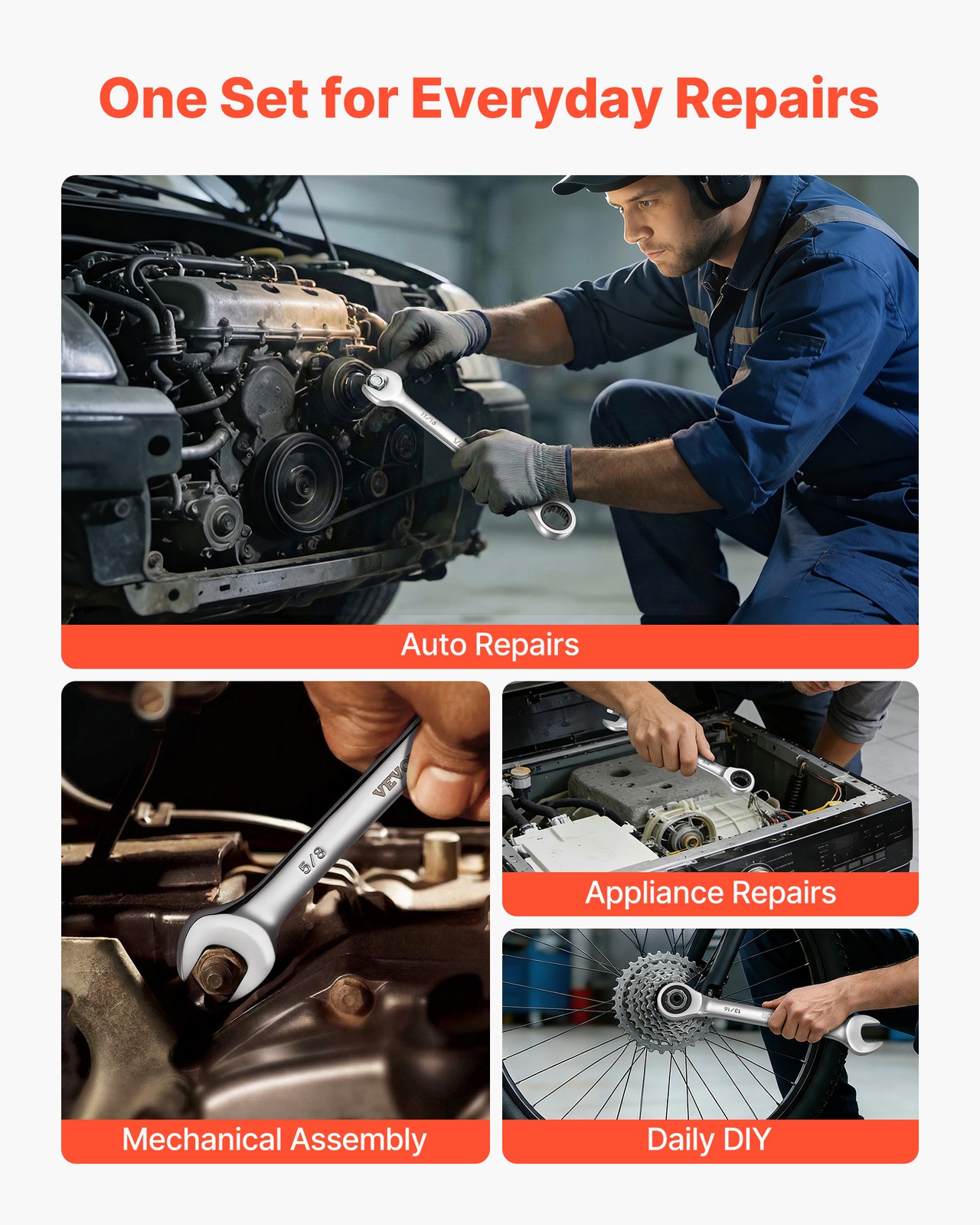 VEVOR Combination Wrench Set Ratcheting Wrench Set 16-Piece SAE Sizes Silver