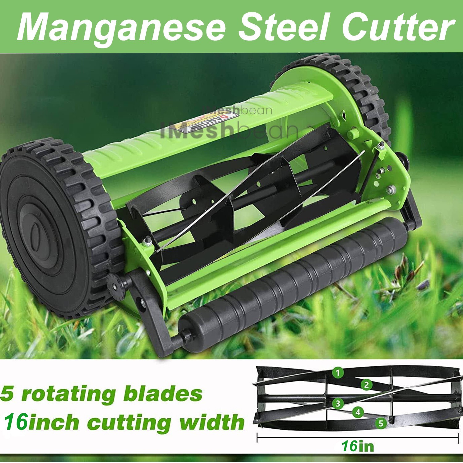 16-Inch 5-Blade Manual Reel Lawn Mower w/Adjustable Cutting and Handle Height