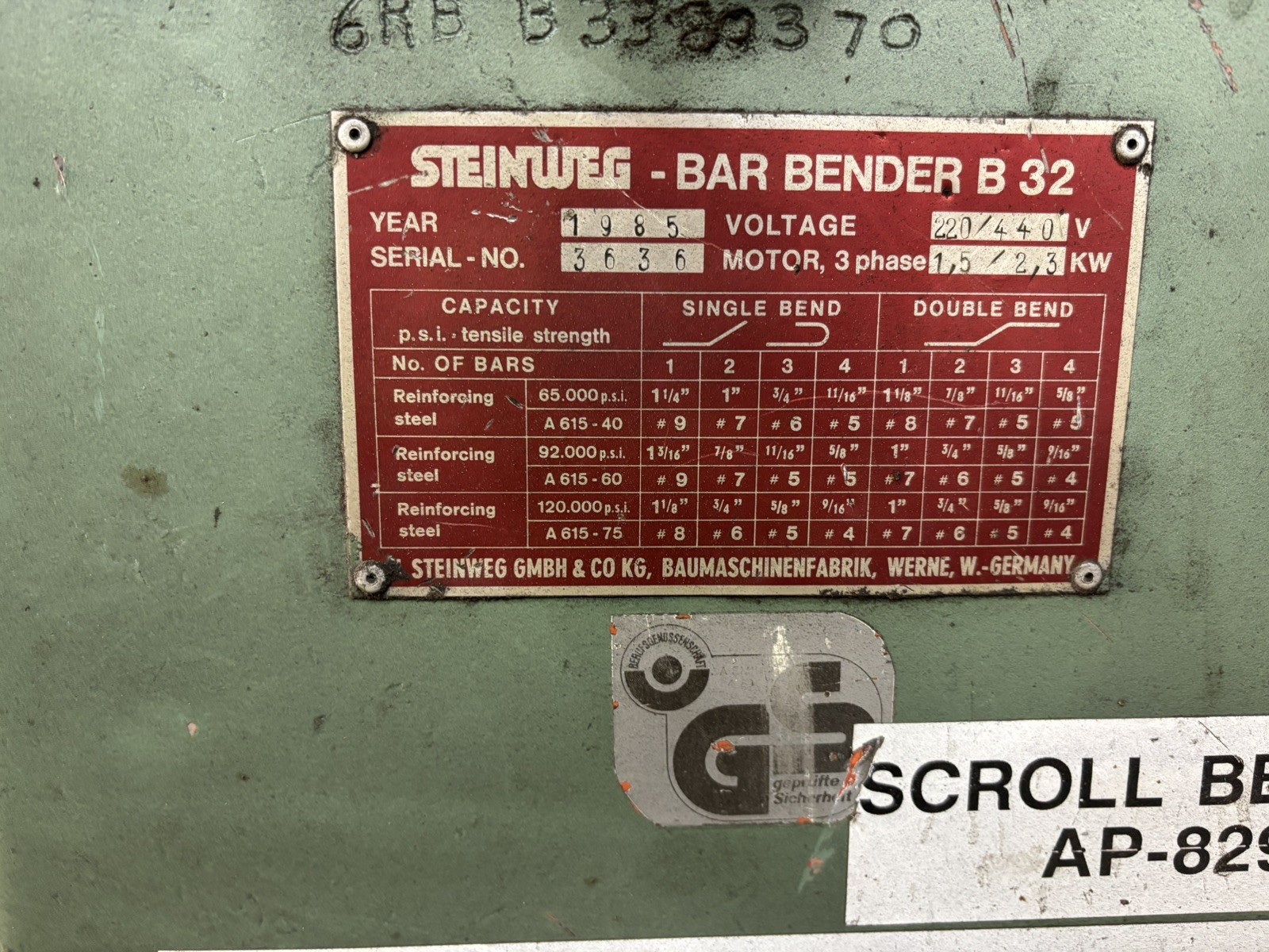 1985 1-1/4" STEINWEG MODEL #B32 REBAR, ROD & BAR ROTARY BENDER