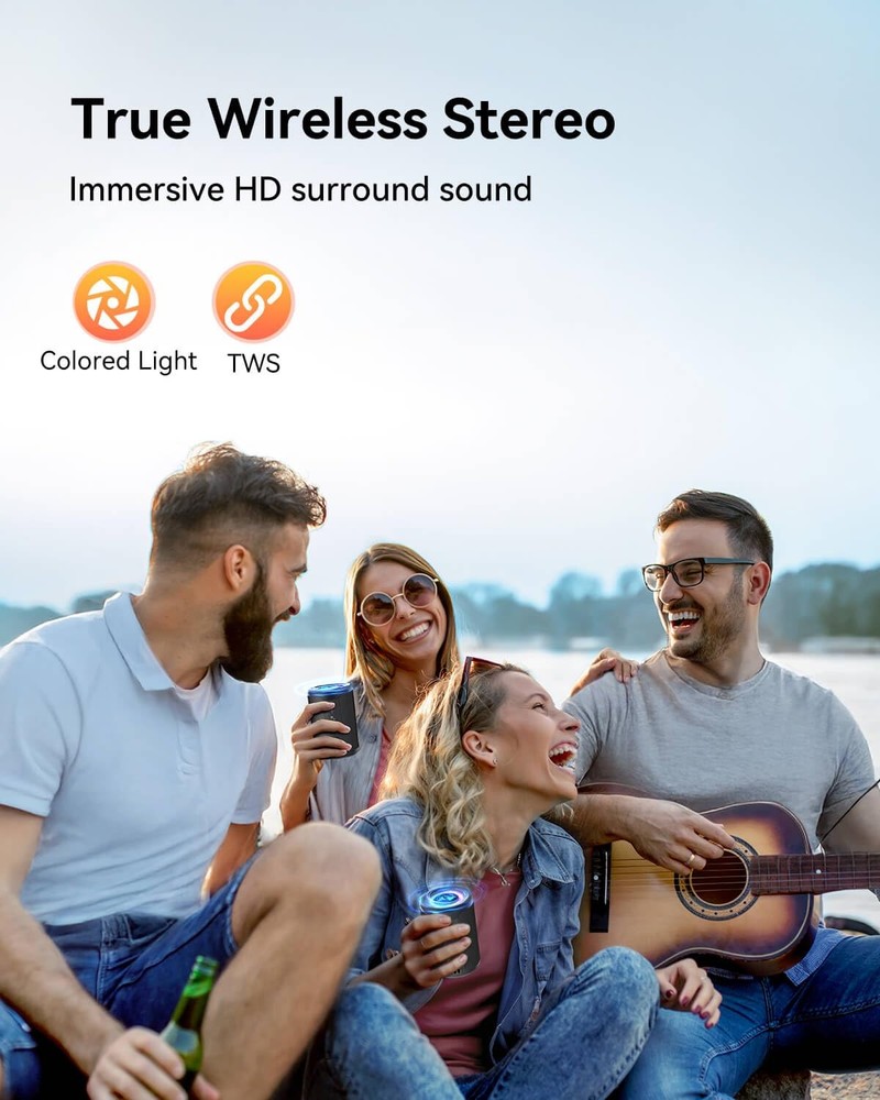 Small Portable Bluetooth Speaker with Lights, TWS Stereo Surround Sound, Type...